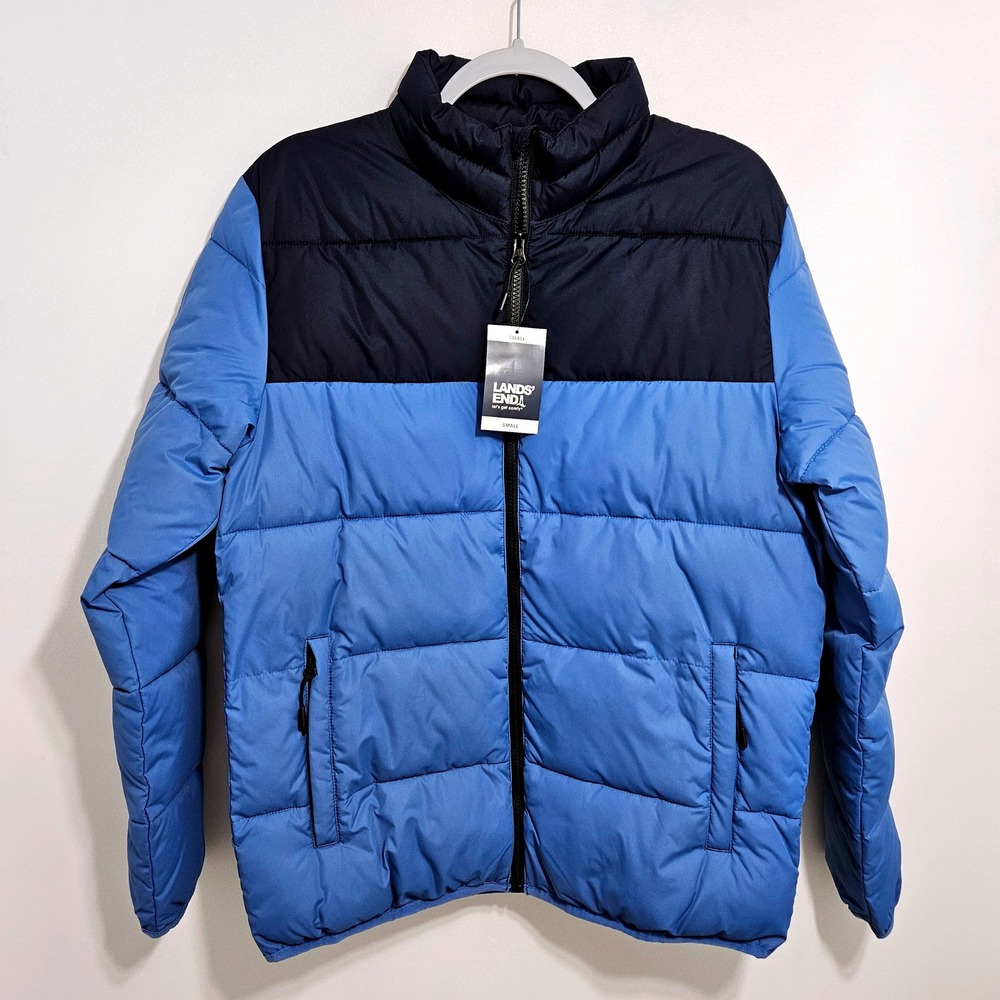 Lands End NWT Mens Puffer Jacket Quilted Full Zip Insulated Zip Pockets Blue‎ S